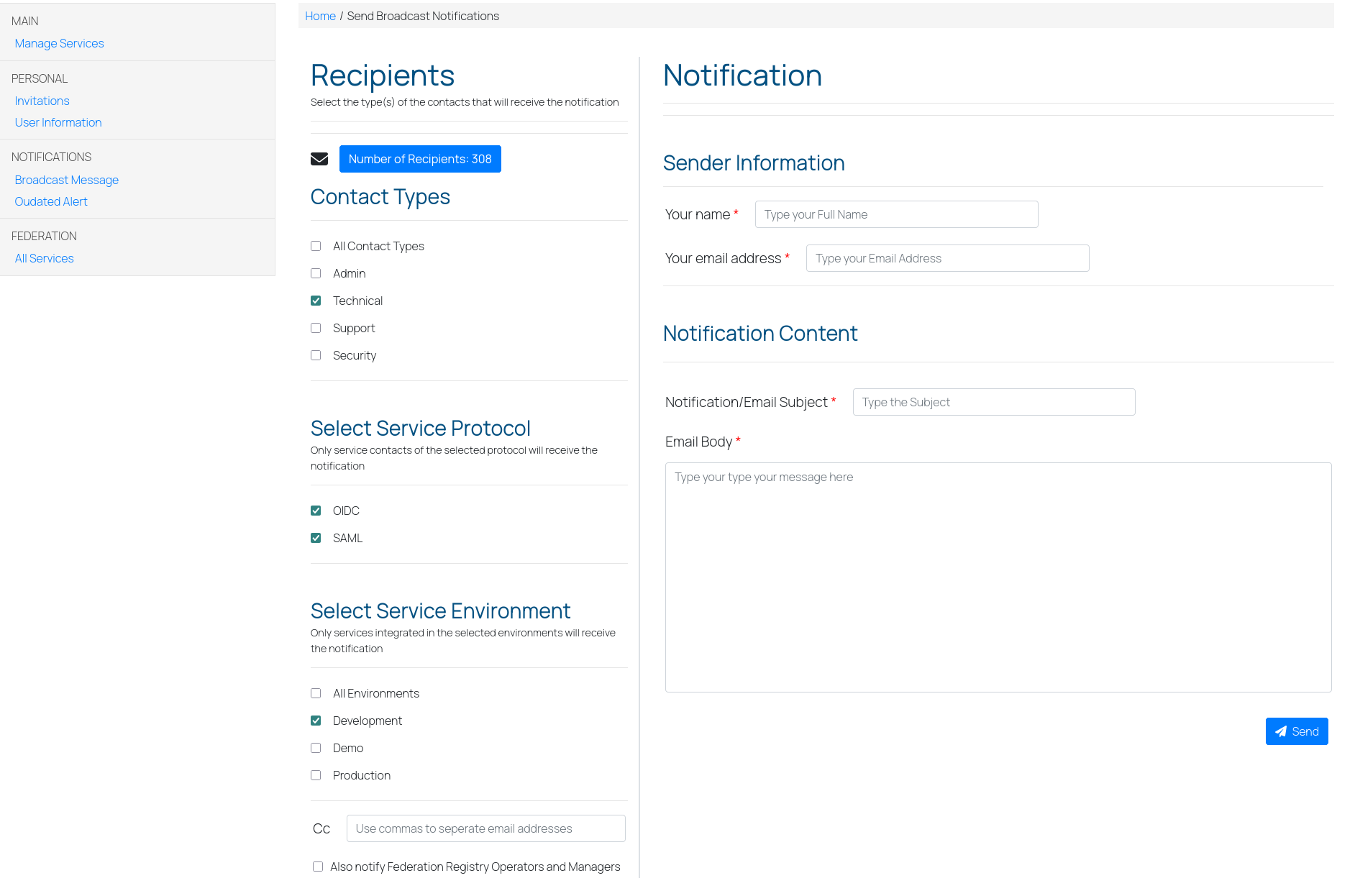 Broadcast notification form