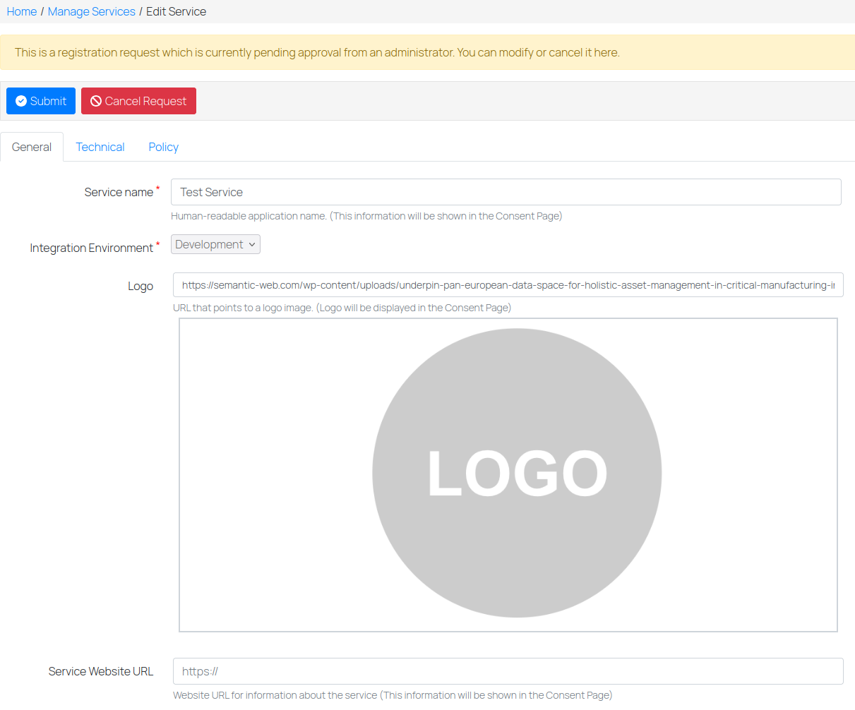 Cancel Request action on the request edit page