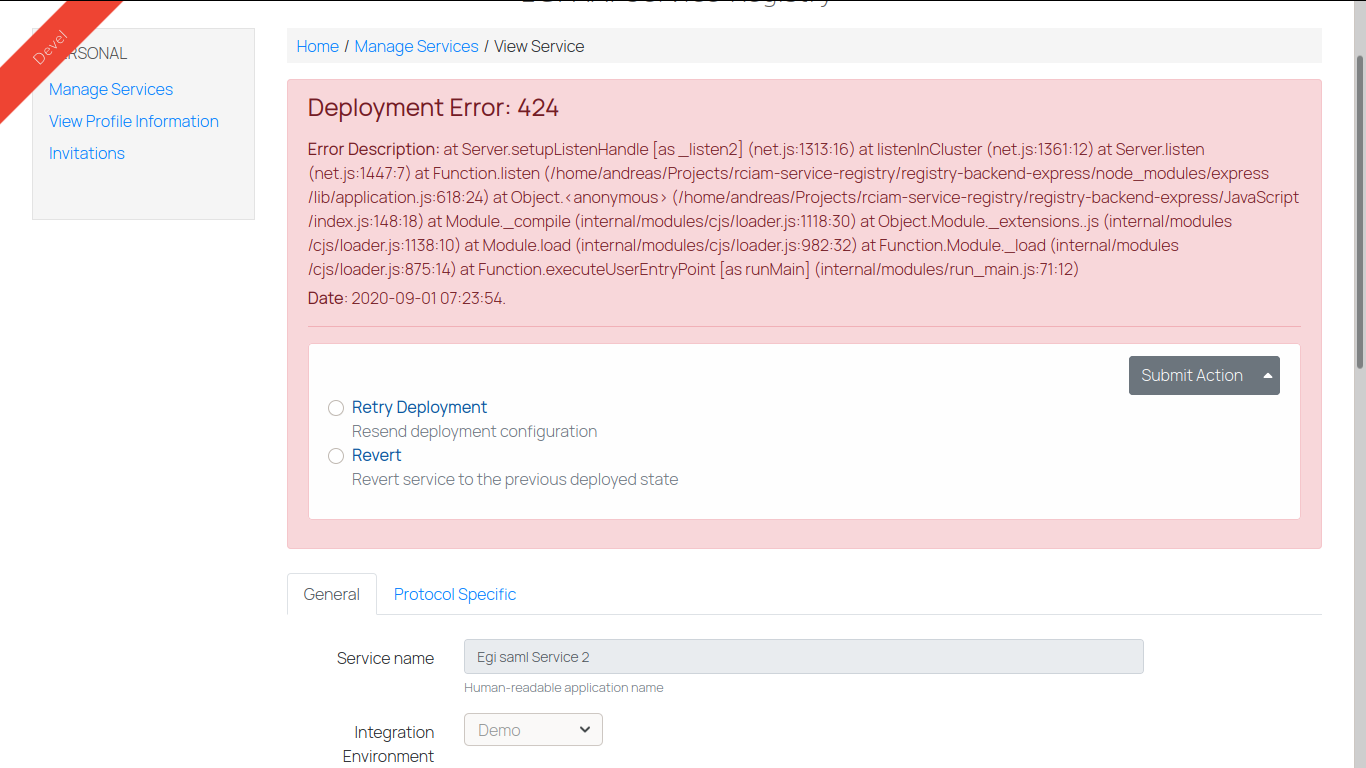 Deployment error details and available actions