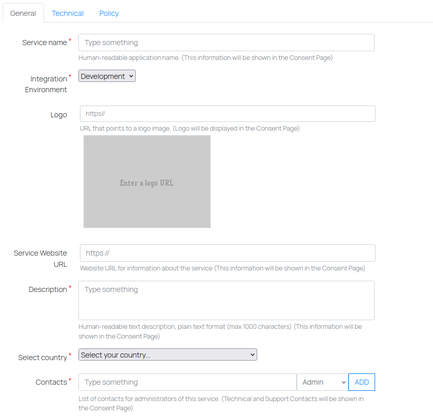 General tab of the registration form