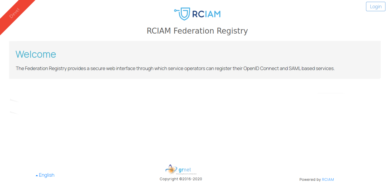 Federation Registry landing page and Login action