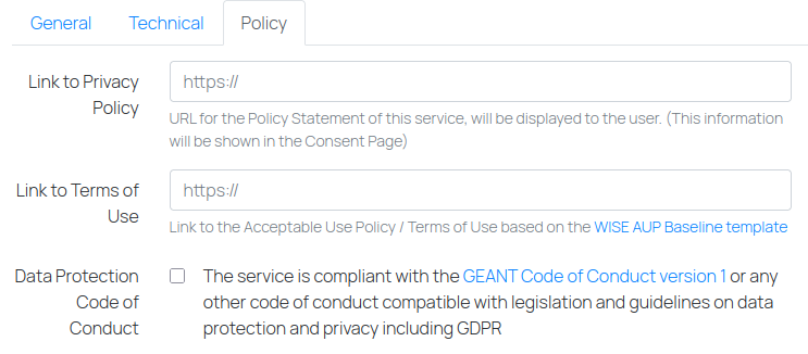Policy tab and applicable policy fields